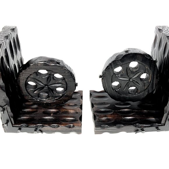 Mid Century Brutalist Style Bookends Industrial Pulley Wood & Iron Made in Spain - Picture 6 of 10